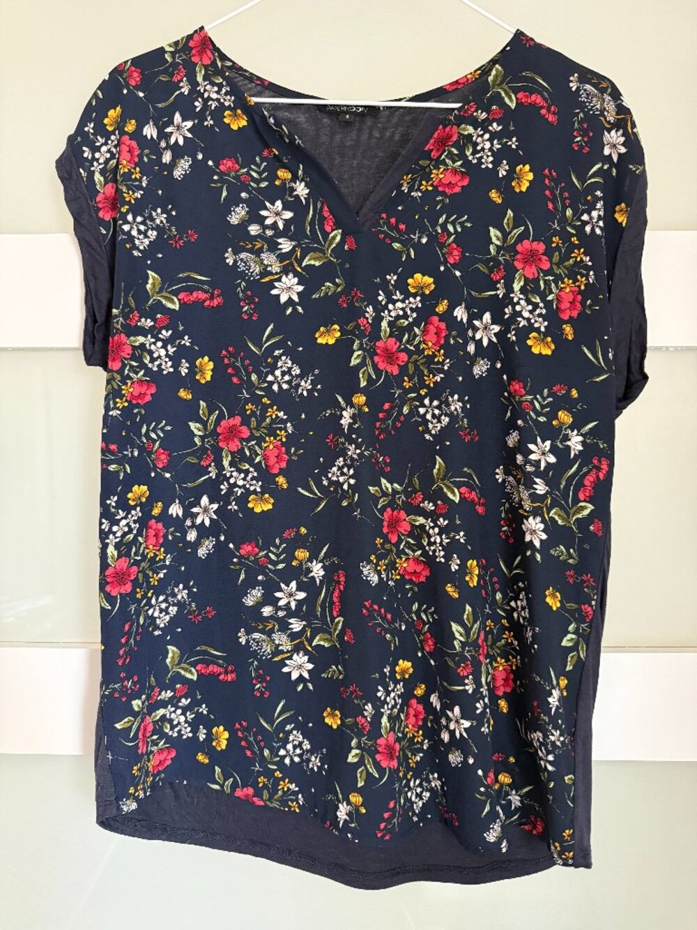 Papermoon Navy Floral V-Neck Short Sleeve Top Boho Flowers